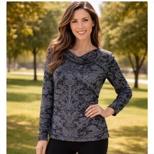 Jones New York Slinki Knit MTop Cowl Neck SilverMetallic LongSleeve Sz SPullover